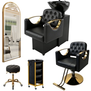 Set complet mobilier coafor 5 piese – negru cu gold, scaun frizerie, scafă, oglindă LED