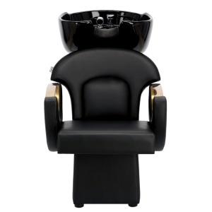Set complet mobilier coafor 6 piese – negru cu gold, scaun frizerie, scafă, oglindă LED - Img 6