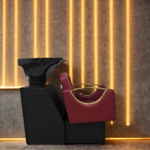 Set Mobilier Coafor – Scafa frizerie, 3 Scaune coafor visinii, 3 Oglinzi Led, Bordo cu Auriu - Img 3