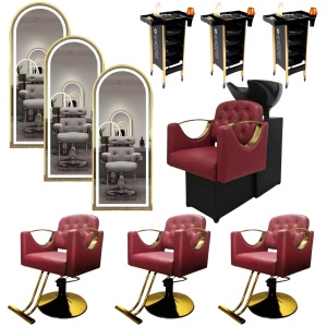 Set Mobilier Coafor – Scafa frizerie, 3 Scaune coafor visinii, 3 Oglinzi Led, Bordo cu Auriu