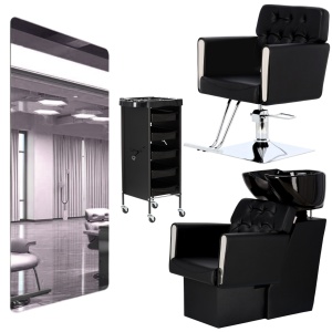 Set mobilier frizerie cu scafa, scaun coafor, oglinda Led, Negru cu Argintiu