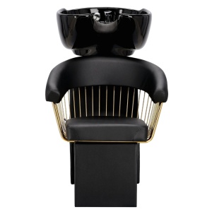 Set mobilier pentru frizerie cu 2 scaune coafor si scafa frizerie cu oglinzi LED, Negru cu Gold - Img 3