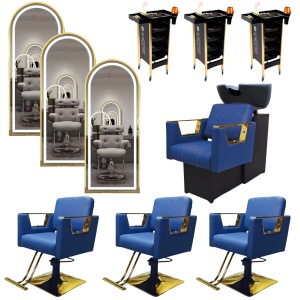 Set Mobilier Salon cu 3 posturi coafor, 3 scaune frizerie, 3 oglinzi led, scafa, Albastru cu Auriu