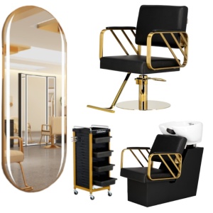 Set Mobilier salon frizerie cu 1 scaun coafor, 1 scafa, 1 oglinda Led cu Auriu - Img 1