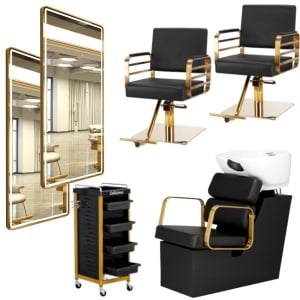 Set Mobilier salon frizerie cu 2 scaune coafor, 1 scafa, 2 oglinzi Led cu Auriu - Img 1