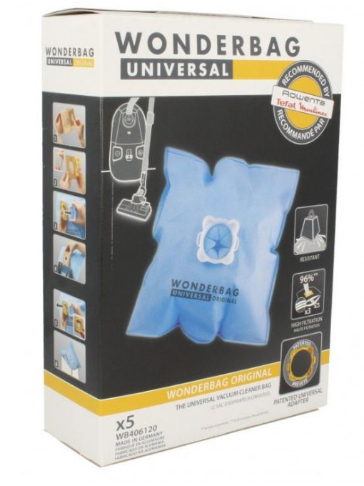 Комплект от 5 броя торбички за прахосмукачка Wonderbag Universal WB406120, съвместимост с Rowenta и Moulinex