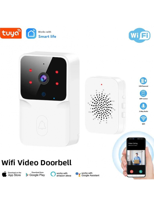 Tuya intelligens vezeték nélküli csengő, videokamera, mikrofon, hanghívás és videó kaputelefon, fehér