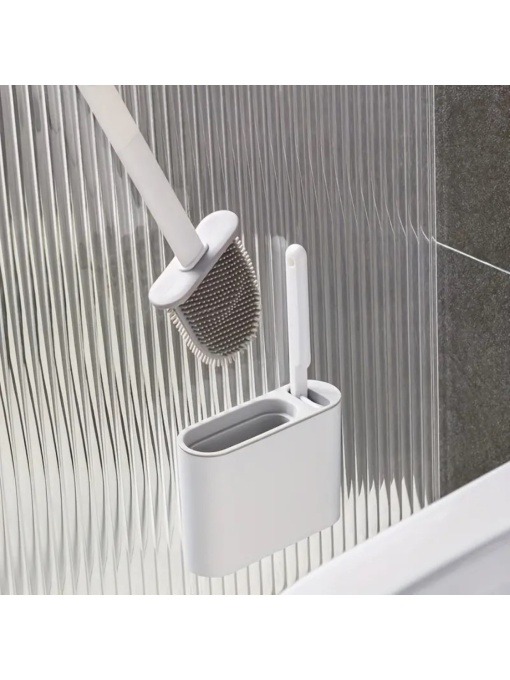 Perie de WC cu cap flexibil din silicon, aspect modern, cu suport si mini perie pentru curatarea spatiilor greu accesibile, Alb