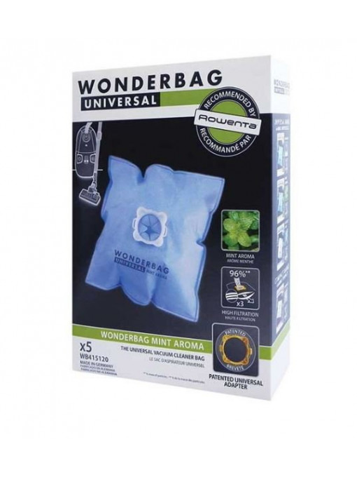 Комплект от 5 броя торбички за прахосмукачка Wonderbag Mint Aroma WB415120, съвместимост с Rowenta и Moulinex