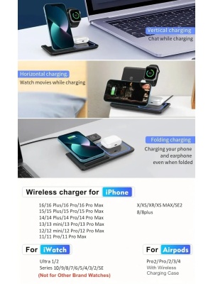 Prijenosni stalak za brzo punjenje 30W, 3 u 1, bežični punjač za Apple iPhone, crni - Img 4