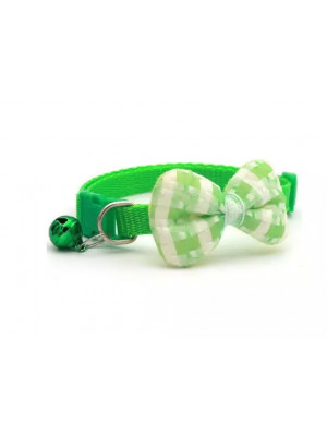 Zgarda ajustabila cu clopotel si papion in carouri pentru caini si pisici, 19-32cm, Verde - Img 1