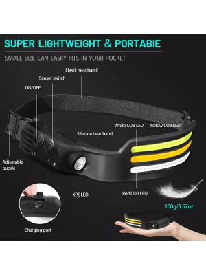 Lanterna de cap cu acumulator, profesionala, frontala cu unghi larg de iluminare, 2 benzi led puternic COB si XPE si senzor miscare, pentru vanatoare, pescuit, camping, santier, waterproof - Img 3