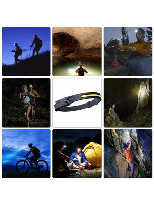 Lanterna de cap cu acumulator, profesionala, frontala cu unghi larg de iluminare, 2 benzi led puternic COB si XPE si senzor miscare, pentru vanatoare, pescuit, camping, santier, waterproof - Img 4