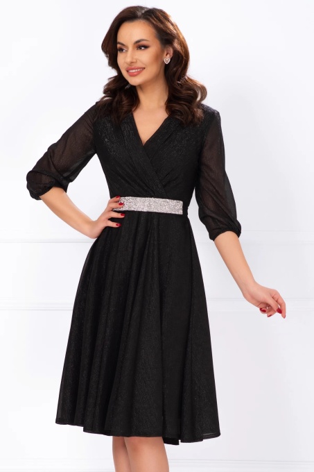 Rochie de ocazie in clos neagra cu cordon stralucitor in talie