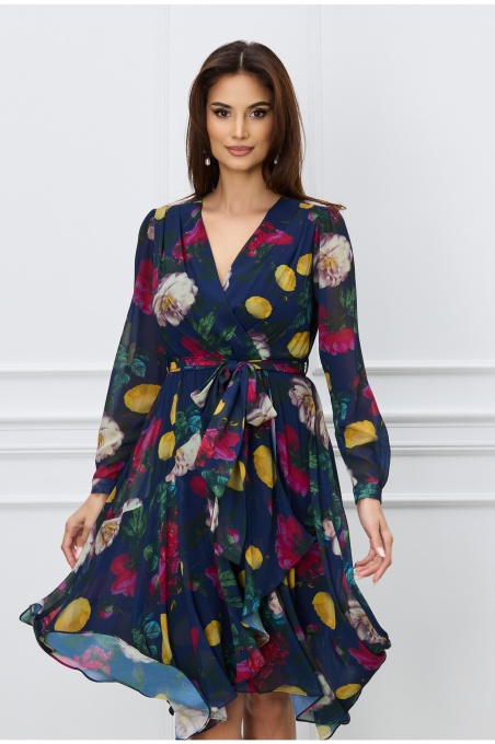 Rochie Denisa bleumarin cu flori galbene si cordon in talie