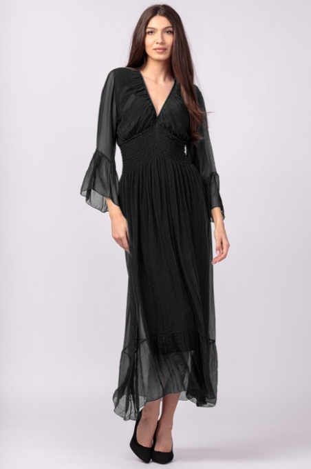 Rochie neagra din matase naturala cu banda elastica in talie si volane
