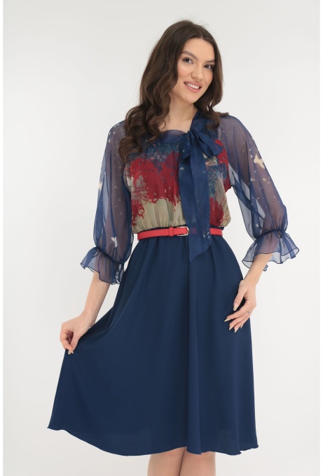Rochie eleganta albastra cu imprimeu abstract rosu