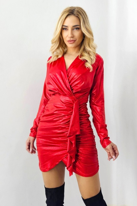 Rochie scurta Feel Royal, din tesatura lycra cu efect de piele, Rosu, Marime S/M