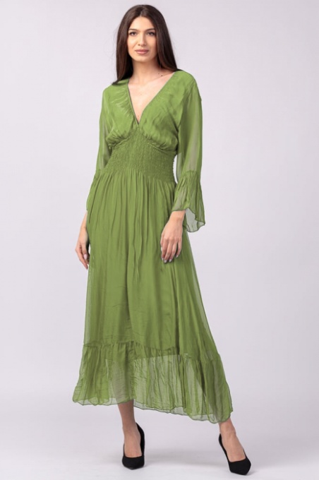 Rochie verde oliv din matase naturala cu banda elastica in talie si volane