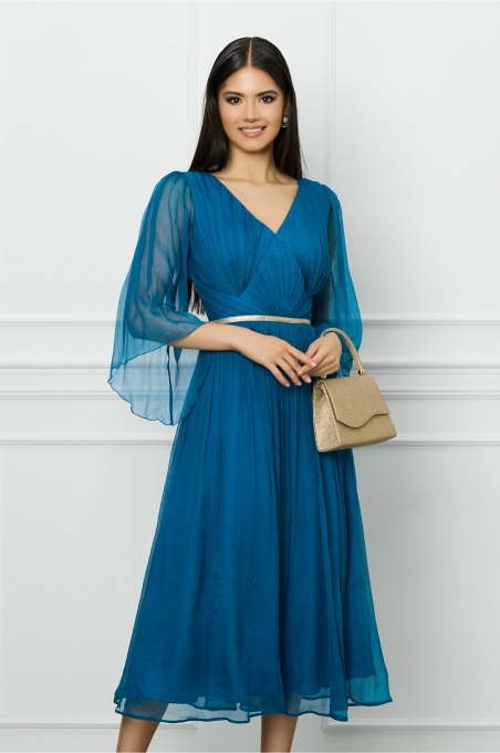 Rochie Leonard Collection albastru petrol din matase cu banda aurie in talie