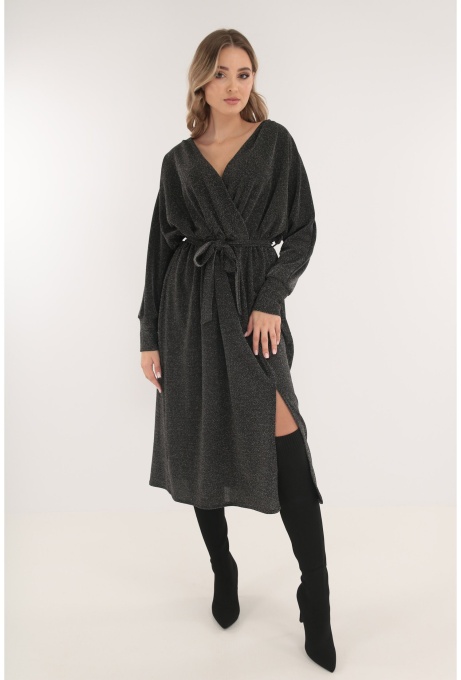 Rochie midi din lurex argintiu cu decolteu parte peste parte
