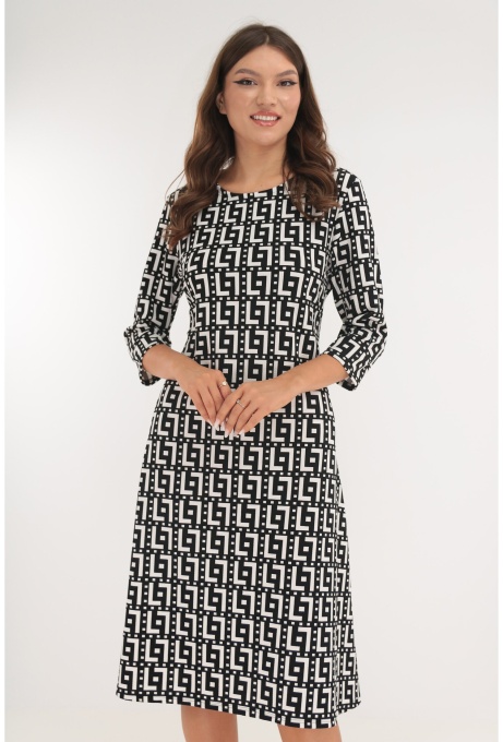 Rochie evazata neagra cu print geometric alb