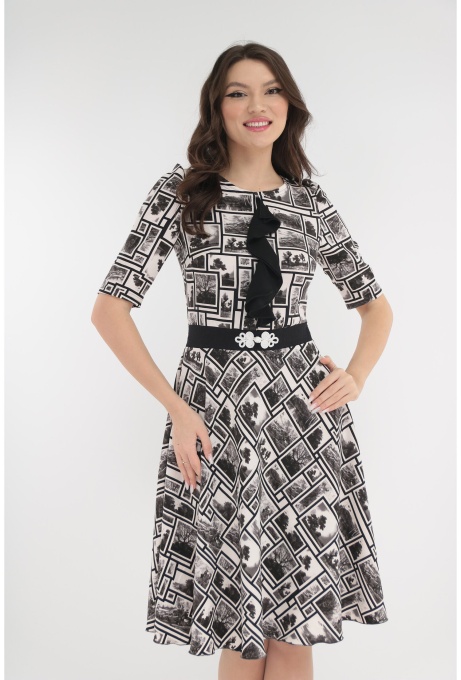 Rochie clos alba cu print abstract negru