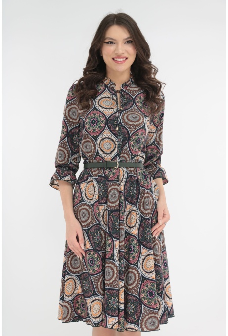 Rochie clos verde cu print abstract si cu o curea in talie