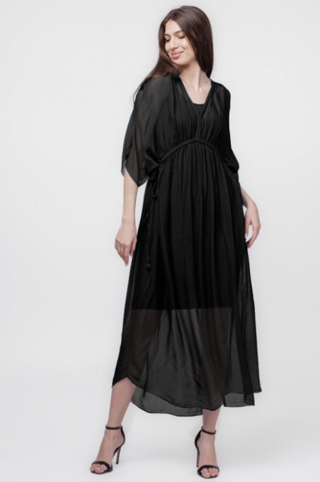 Rochie Goddess din matase naturala cu snur impletit pe decolteu si talie, neagra