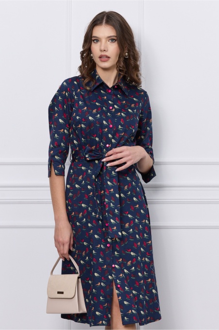 Rochie Maria tip camasa bleumarin cu imprimeu si cordon in talie