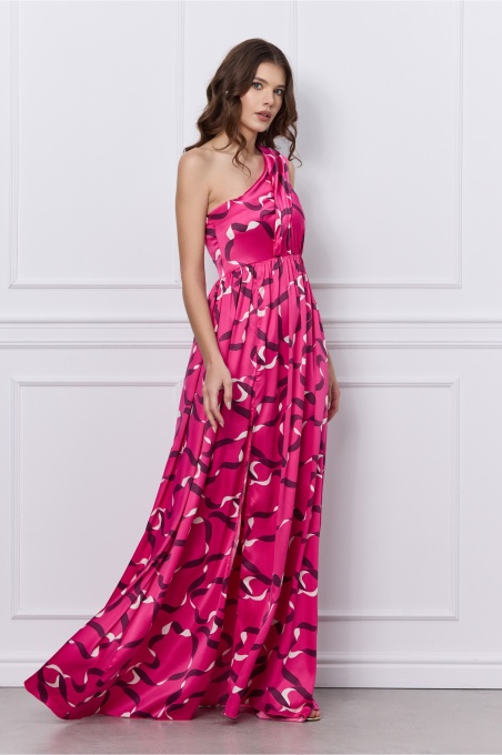 Rochie MBG fucsia lunga din satin pe un umar cu imprimeu