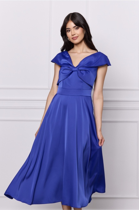 Rochie Moze albastra midi cu funda la bust