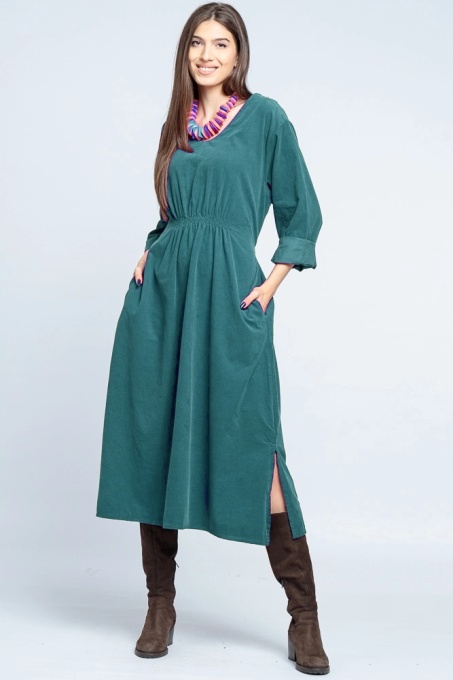 Rochie din catifea reiata verde, cu elastic sub bust