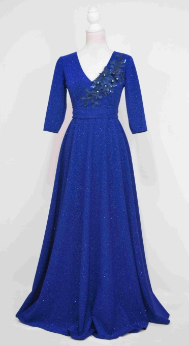 Rochie lunga din lurex albastra cu aplicatie 3D bleumarin Royal blue