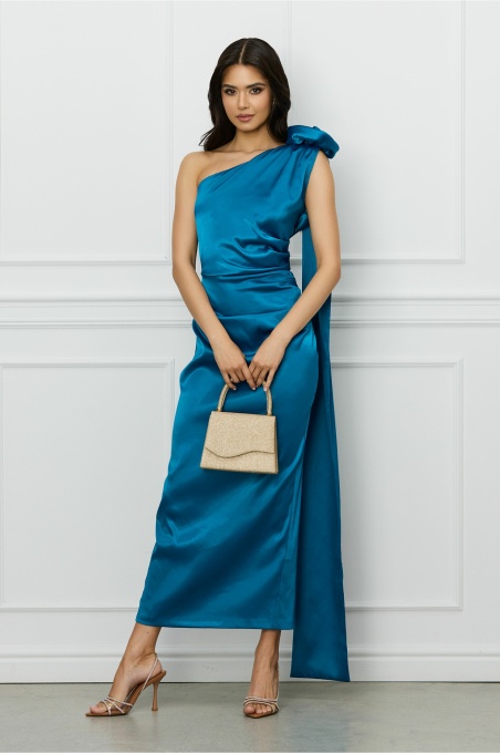 Rochie Moze turcoaz cu floare maxi pe un umar