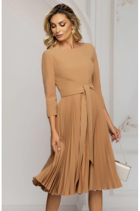 Rochie de zi bej midi cu fusta plisata si cordon in talie