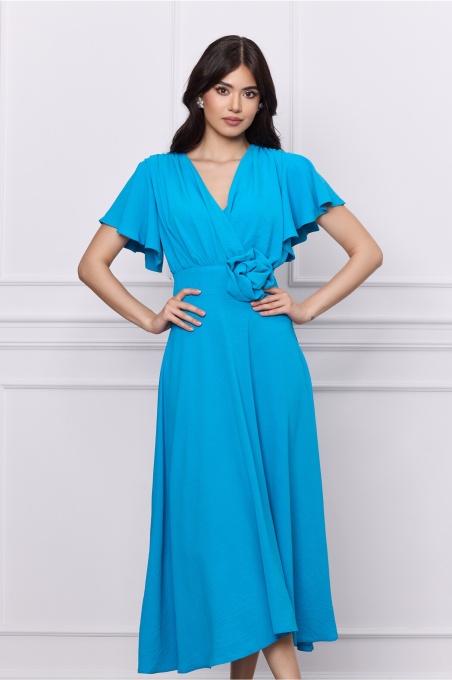 Rochie Moze albastra cu floare in talie