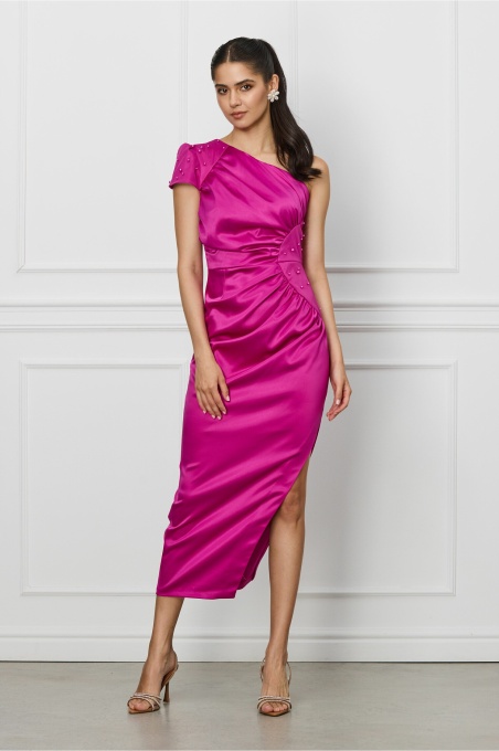 Rochie Moze fucsia din satin cu perlute