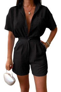 Compleu cu bumbac creponat, Jolin, camasa si pantaloni scurti cu pense, Negru - Img 6
