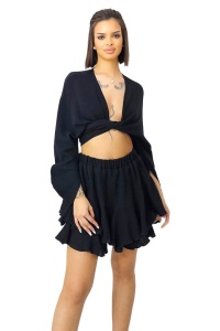 Compleu Wichita, camasa, legare sub bust si fusta pantaloni croi scurt, Negru, Marime S/M/L - Img 6