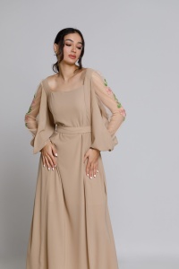 ELINDA dress in beige veil with embroidered tulle sleeve - Img 4
