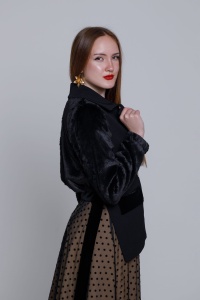 Jacheta HEDY neagra asimetrica cu maneca din blana - Img 5
