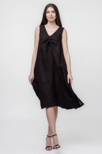 Rochie A-line din in, fara maneci, cu siret pe bust, neagra
