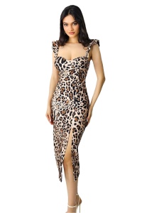 Rochie bodycon Ditsy, slit adanc si imprimeu animal print leopard, Bej, Marime S/M - Img 6