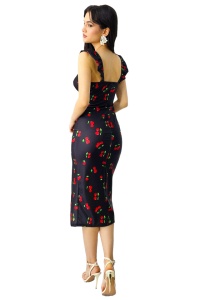 Rochie bodycon Ditsy, slit adanc si imprimeu cu cirese, Negru, Marime S/M - Img 7