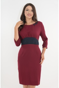 Rochie bordo cu insertii din brocart bleumarin in talie