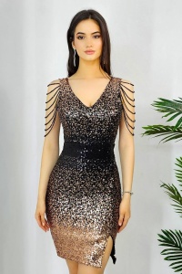 Rochie cambrata Adria, cu cristale, paiete si spate semidecupat, Bej/Negru - Img 4