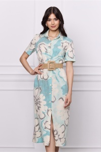 Rochie Dany verde mint cu imprimeu bej si curea in talie