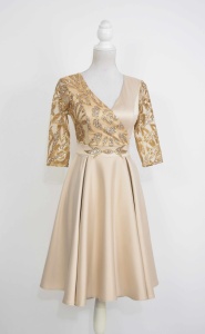 Rochie de ocazie din tafta bej si tulle cu gliter bej-auriu Aura - Img 1