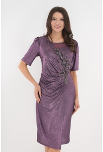 Rochie de ocazie lila cu pliuri asimetrice si broderie in talie